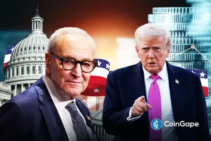 The chances of another U.S. government shutdown have fallen drastically in the past 24 hours. This comes as President Trump is said to be nearing a deal with Senator Schumer to stop the government from closing indefinitely. Trump Signals Deal to Stop Government Shutdown in The U.S. In new developments, confidence of traders in another
The post <a href="https://coingape.com/u-s-government-shutdown-odds-crashes-as-trump-and-schumer-nears-new-deal-on-funding/">U.S. Government Shutdown Odds Crashes as Trump and Schumer Nears New Deal on Funding</a> appeared first on <a href="https://coingape.com/">CoinGape</a>.